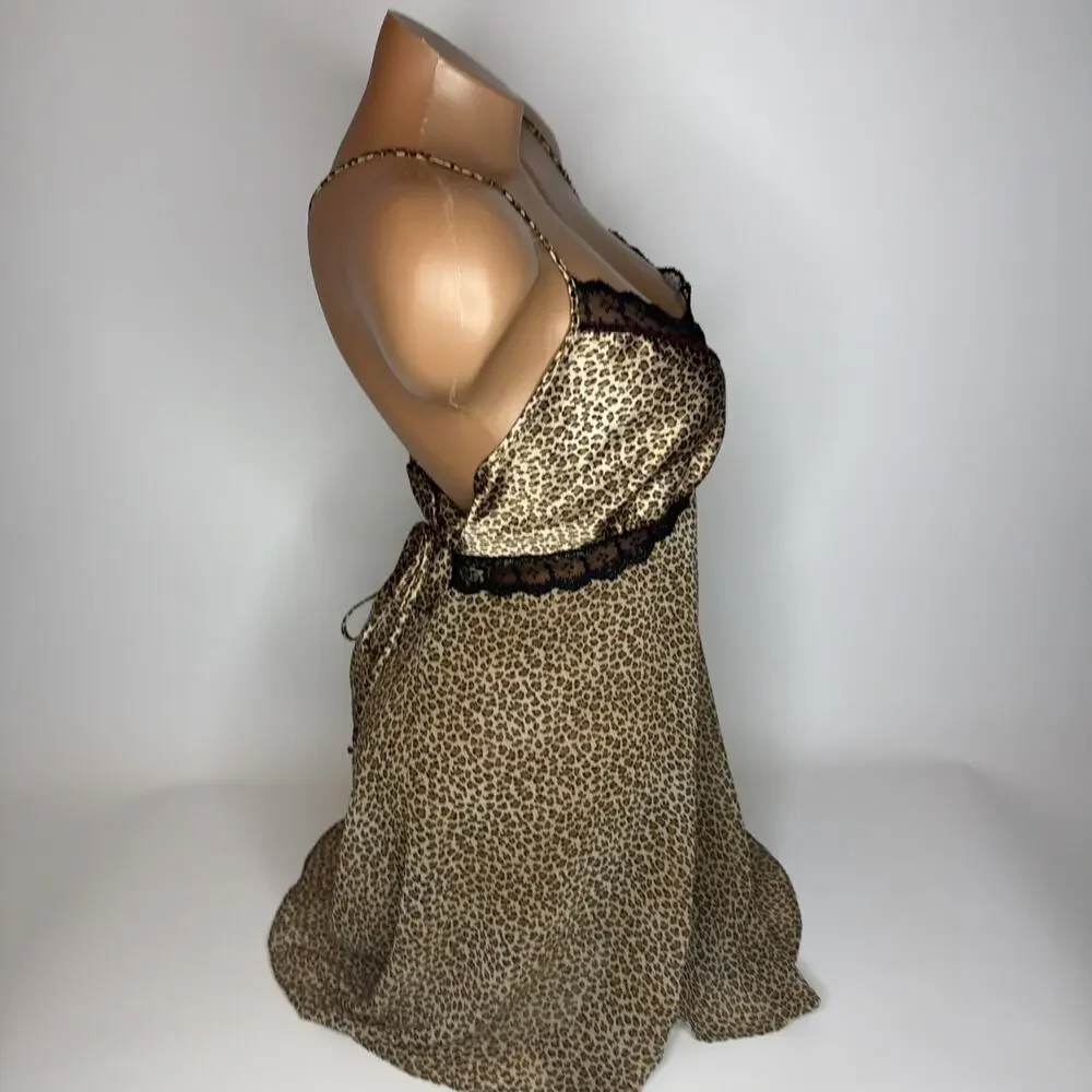 Vintage 80s Lingerie Slip Dress Womens M Leopard Print Lace Satin Coquette Fairy